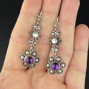 Vintage Pearl Amethyst Art Nouveau Style Drop Earrings - Boylerpf