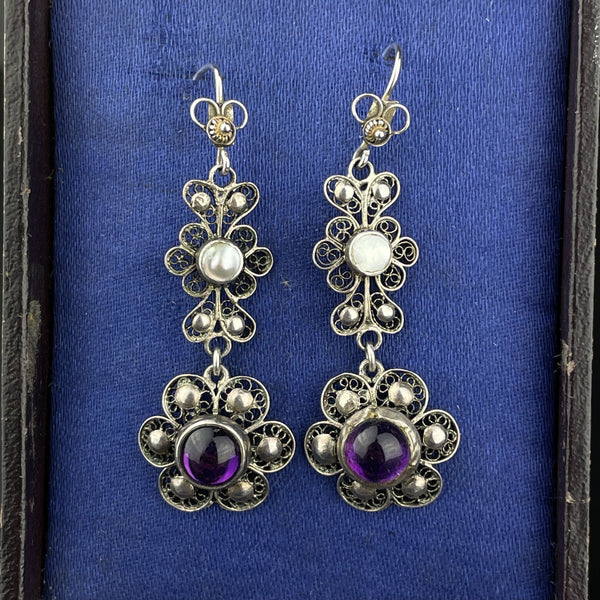 Vintage Pearl Amethyst Art Nouveau Style Drop Earrings - Boylerpf