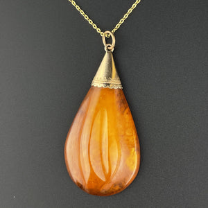 Vintage Edwardian Gold Natural Baltic Amber Teardrop Pendant - Boylerpf
