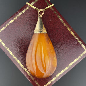 Vintage Edwardian Gold Natural Baltic Amber Teardrop Pendant - Boylerpf