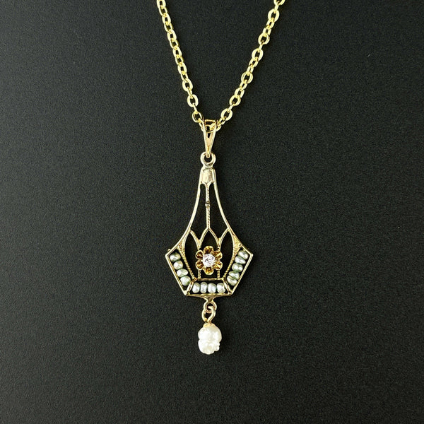 Antique Victorian Diamond Seed Pearl Lavalier Pendant Necklace - Boylerpf