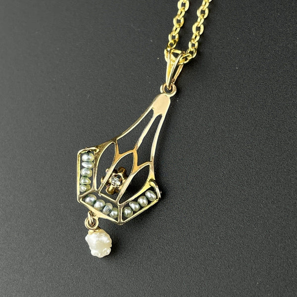 Antique Victorian Diamond Seed Pearl Lavalier Pendant Necklace - Boylerpf