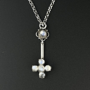 Art Deco Silver Moonstone Blue Cabochon Celestial Pendant Necklace - Boylerpf