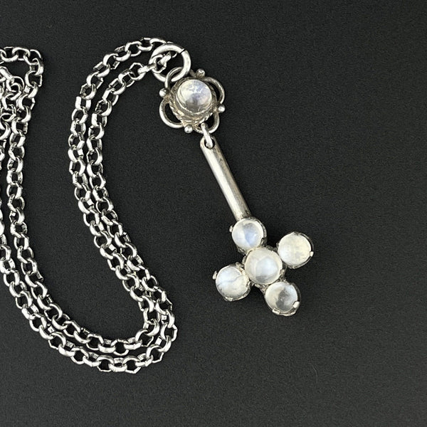Art Deco Silver Moonstone Blue Cabochon Celestial Pendant Necklace - Boylerpf
