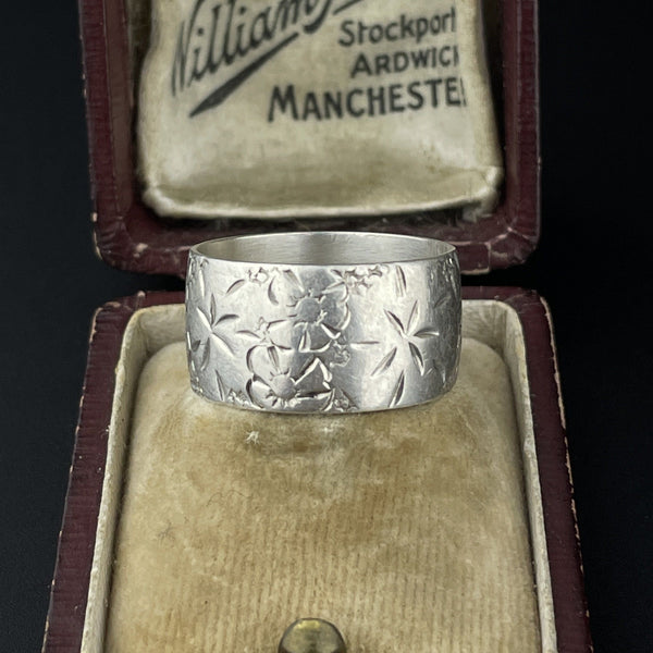 Antique Silver Engraved Forget Me Not Wide Ring, Sz 6.5 - Boylerpf