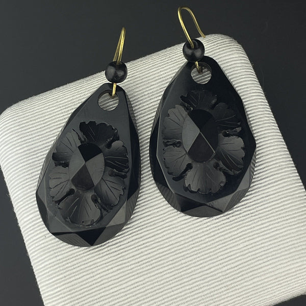 Antique Victorian Floral Carved Whitby Jet Dangle Earrings - Boylerpf
