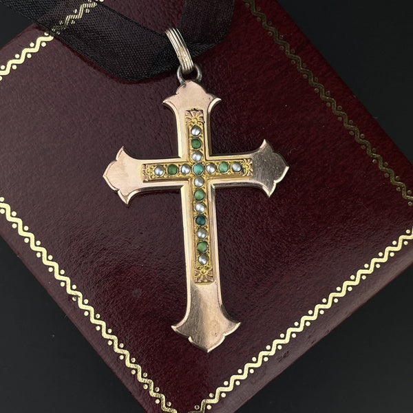Antique Victorian Pearl Turquoise Cross Pendant - Boylerpf