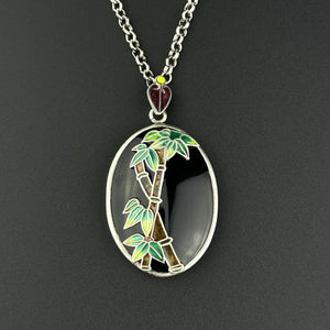 Silver Enamel Black Onyx Bamboo Pendant Necklace - Boylerpf