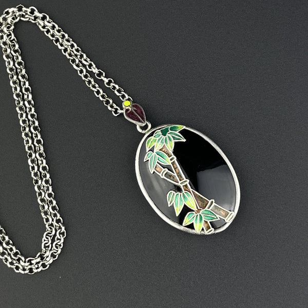 Silver Enamel Black Onyx Bamboo Pendant Necklace - Boylerpf