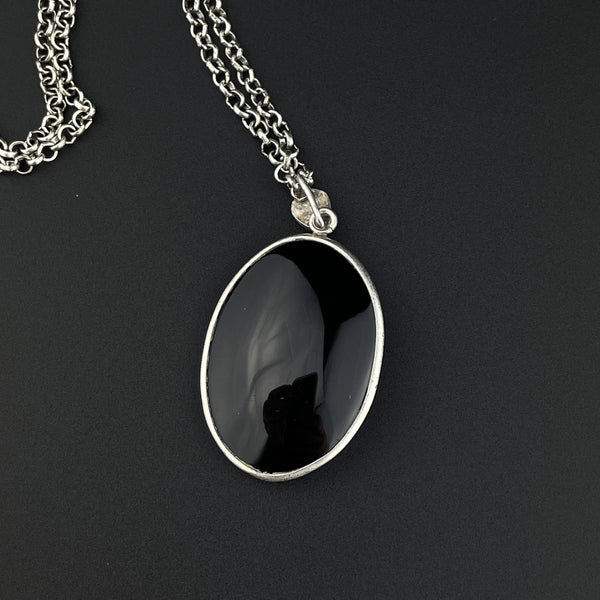 Silver Enamel Black Onyx Bamboo Pendant Necklace - Boylerpf