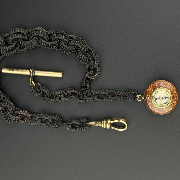 Victorian Horse Hair Working Goldstone Compass Fob Watch Chain - Boylerpf
