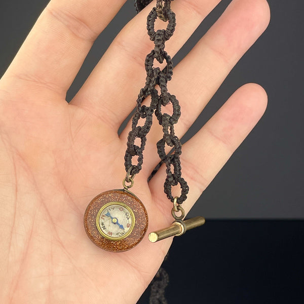 Victorian Horse Hair Working Goldstone Compass Fob Watch Chain - Boylerpf