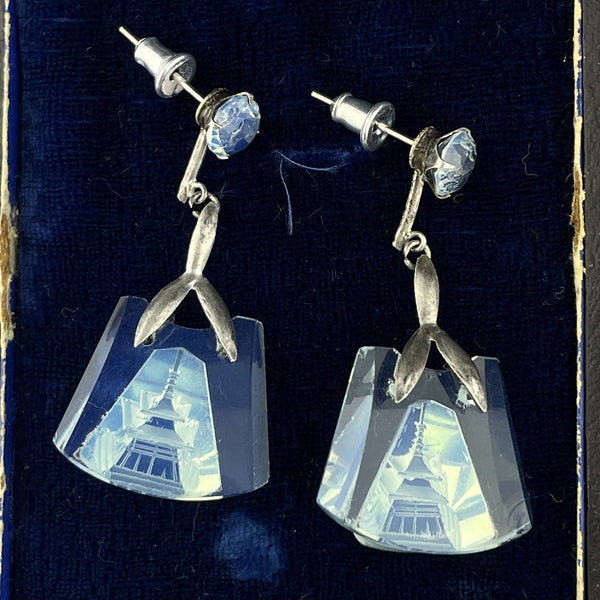Vintage Silver Moonstone Carved Pagoda Blue Japanese Earrings - Boylerpf