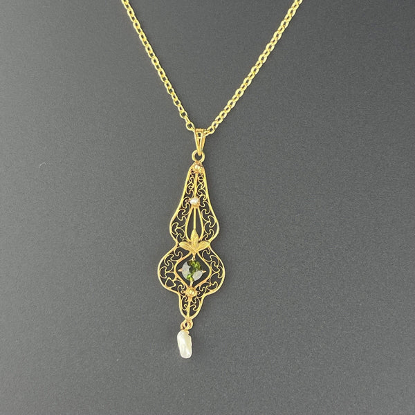 Antique 10K Gold Simulated Emerald Seed Pearl Pendant Necklace - Boylerpf