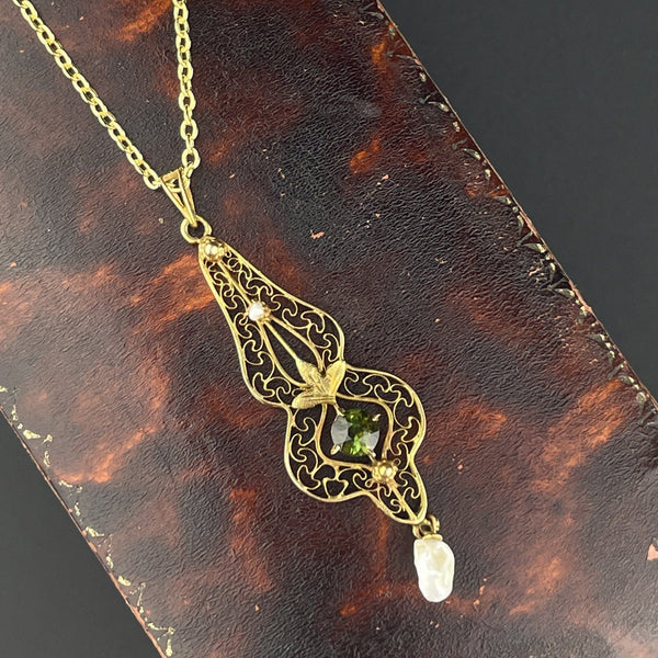 Antique 10K Gold Simulated Emerald Seed Pearl Pendant Necklace - Boylerpf
