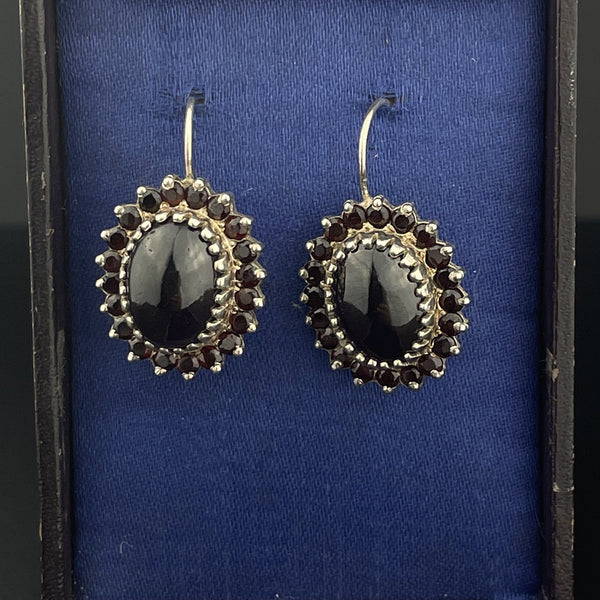Silver Cabochon Garnet Cluster Dangle Earrings - Boylerpf