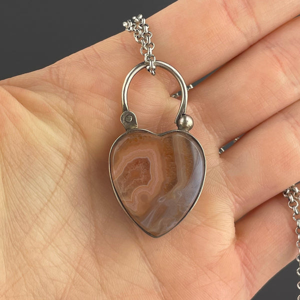 Engraved Silver Agate Heart Padlock Pendant Necklace - Boylerpf