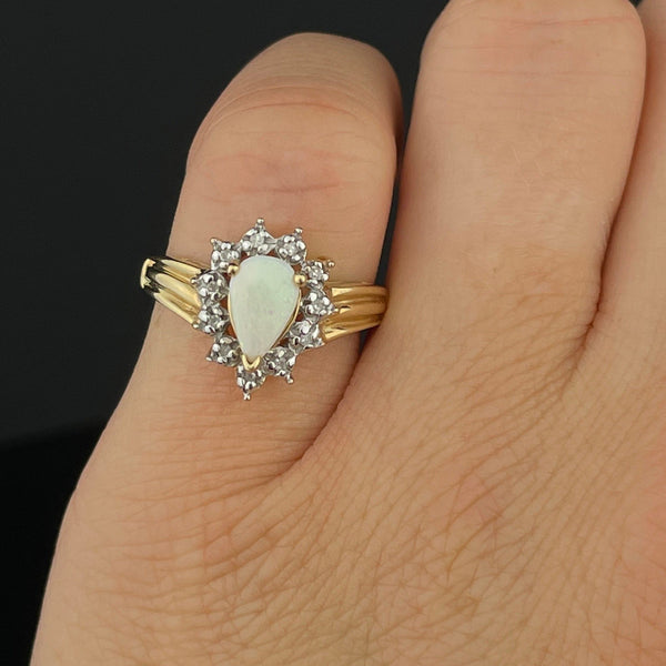 Vintage 14K Gold Pear Opal Diamond Halo Ring, Sz 5 - Boylerpf