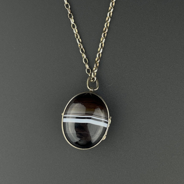 Victorian Silver Banded Agate Locket Pendant Necklace - Boylerpf