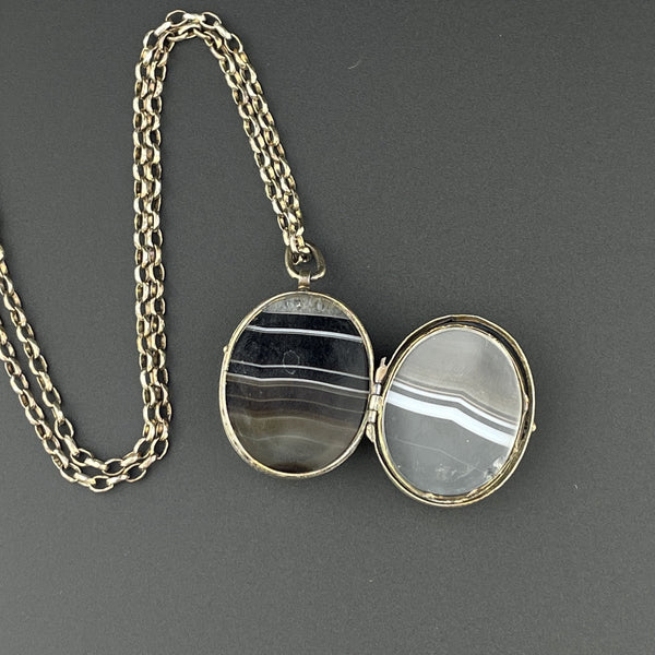 Victorian Silver Banded Agate Locket Pendant Necklace - Boylerpf