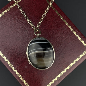 Victorian Silver Banded Agate Locket Pendant Necklace - Boylerpf