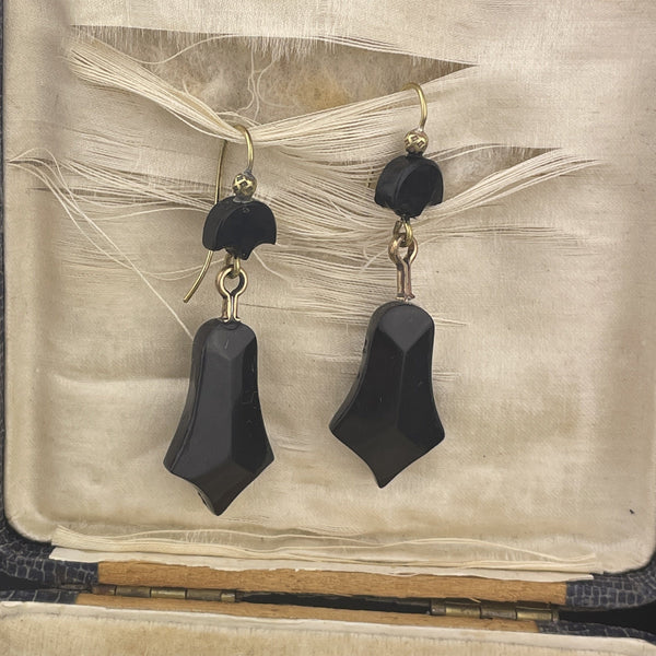 Antique Rolled Gold Carved Whitby Jet Victorian Mourning Earrings - Boylerpf