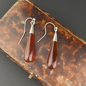 Vintage Art Deco Sterling Silver Carnelian Agate Drop Earrings - Boylerpf