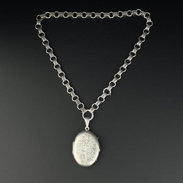 Antique Silver Victorian Book Chain Collar Necklace and Floral Engraved Locket - Boylerpf
