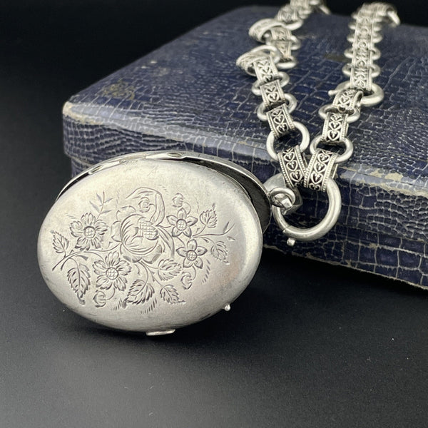 Antique Silver Victorian Book Chain Collar Necklace and Floral Engraved Locket - Boylerpf