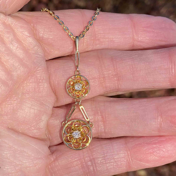 Edwardian 14K Gold Mine Cut Diamond Pendant Necklace - Boylerpf