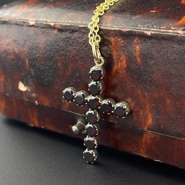 Antique Victorian Gold Flat Top Cut Garnet Cross Pendant Necklace - Boylerpf