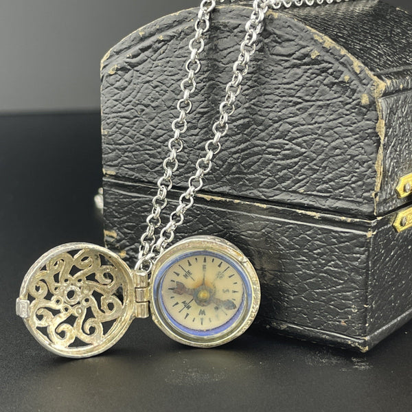 Vintage Silver Openwork Working Compass Pendant Necklace - Boylerpf