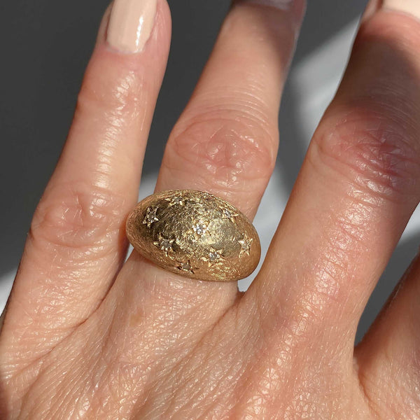 Vintage 14K Gold Diamond Bombe Ring with Stars - Boylerpf