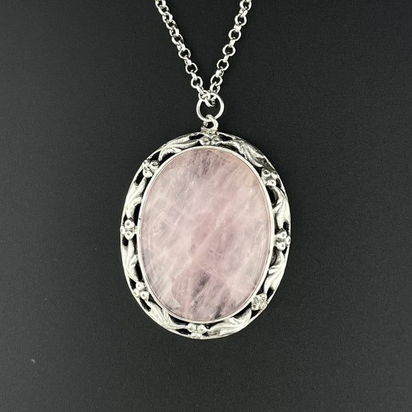 ON HOLD Silver Art Nouveau Style Large Pink Rose Quartz Pendant Necklace - Boylerpf