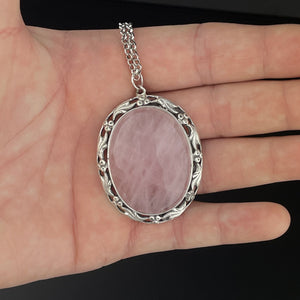 ON HOLD Silver Art Nouveau Style Large Pink Rose Quartz Pendant Necklace - Boylerpf