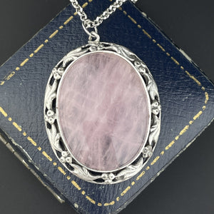 ON HOLD Silver Art Nouveau Style Large Pink Rose Quartz Pendant Necklace - Boylerpf