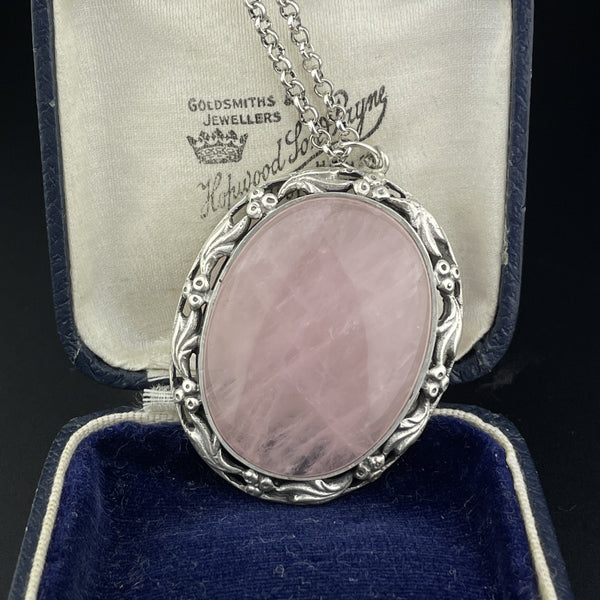 ON HOLD Silver Art Nouveau Style Large Pink Rose Quartz Pendant Necklace - Boylerpf