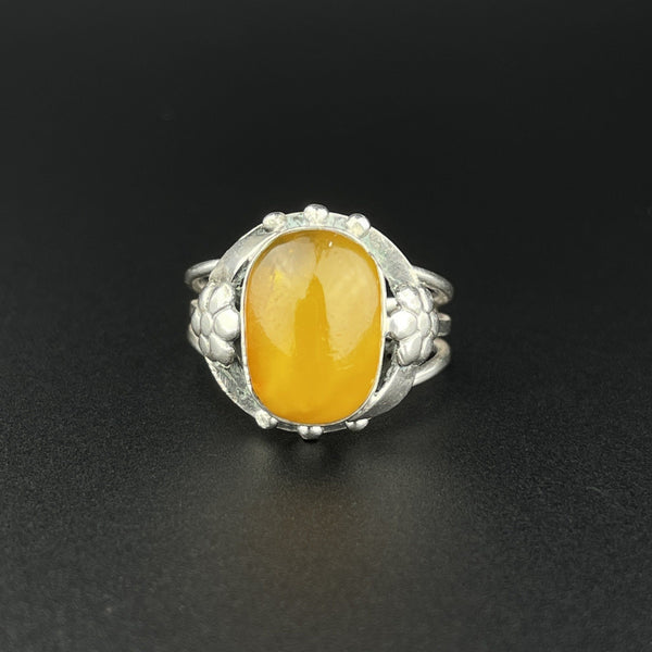 ON HOLD Silver Art Nouveau Butterscotch Amber Cabochon Ring, Sz 8 - Boylerpf