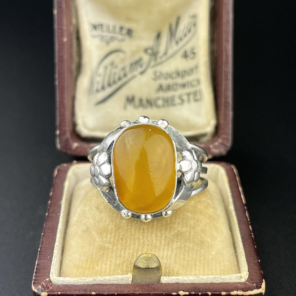 ON HOLD Silver Art Nouveau Butterscotch Amber Cabochon Ring, Sz 8 - Boylerpf