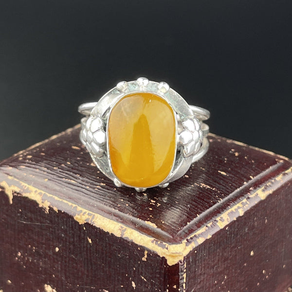 ON HOLD Silver Art Nouveau Butterscotch Amber Cabochon Ring, Sz 8 - Boylerpf