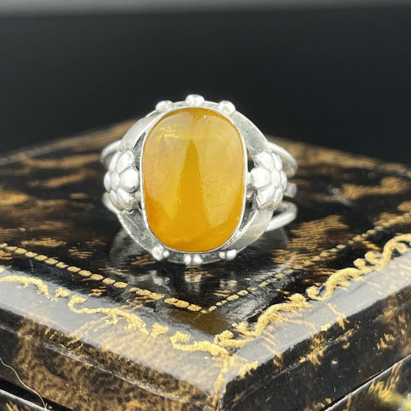 ON HOLD Silver Art Nouveau Butterscotch Amber Cabochon Ring, Sz 8 - Boylerpf