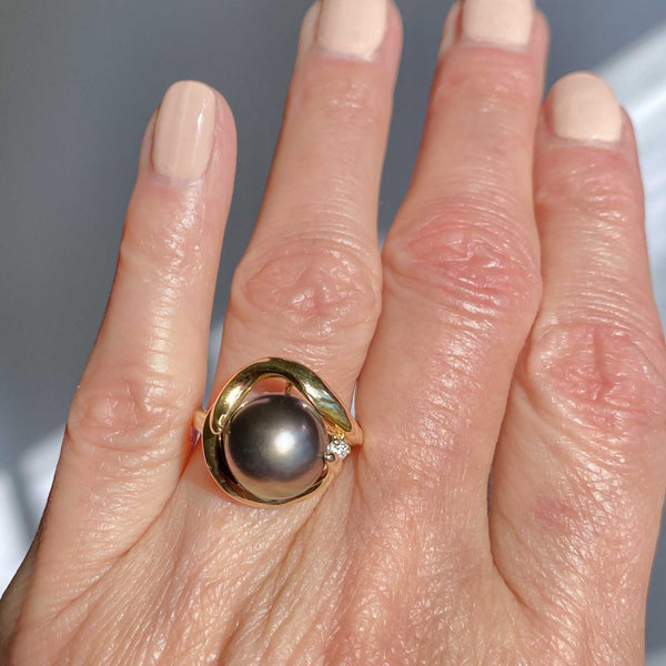 Diamond Tahitian Black Pearl Ring in 14K Gold - Boylerpf