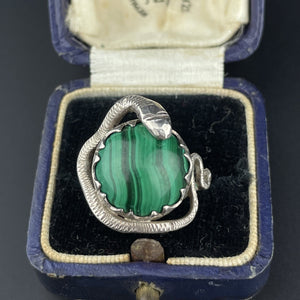 Vintage Silver Snake Wrapped Malachite Ring, Sz 8 1/4 - Boylerpf