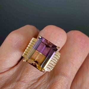 Signed Retro 14K Gold Large 14 CTW Ametrine Ring, Sz 6 - Boylerpf