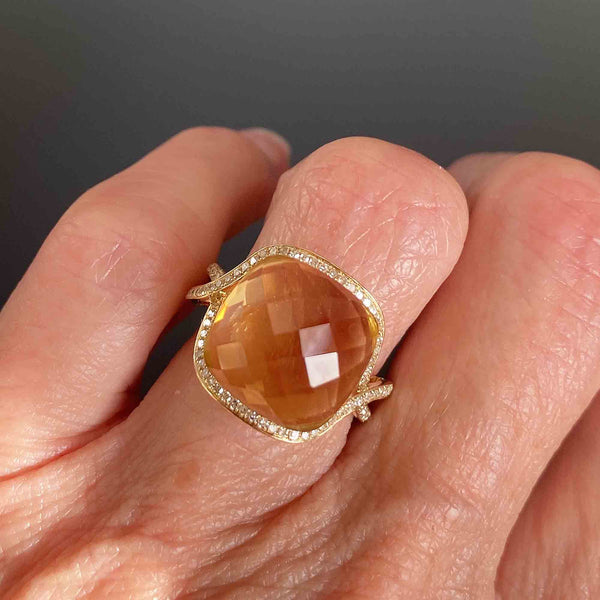 14K Gold Diamond Halo Checkerboard Citrine Ring - Boylerpf