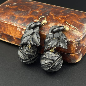 Antique Victorian Carved Whitby Jet Statement Earrings - Boylerpf