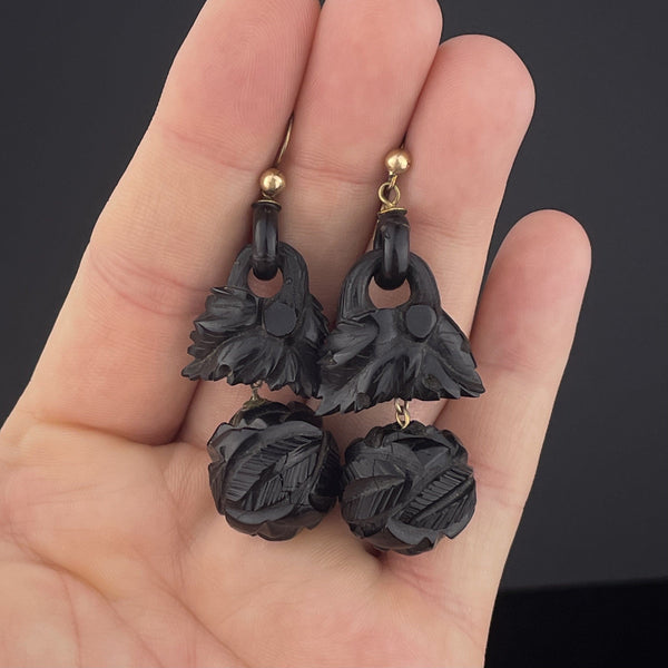 Antique Victorian Carved Whitby Jet Statement Earrings - Boylerpf