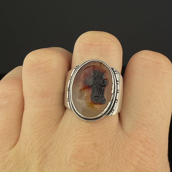 Vintage Silver Sardonyx High Relief Cameo Statement Ring, Sz 7 - Boylerpf