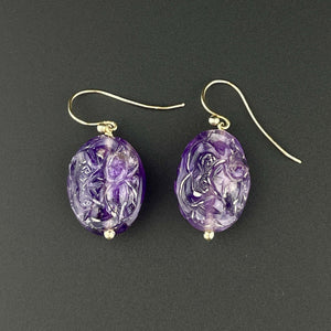 Vintage Gold Carved Natural Amethyst Dangle Earrings - Boylerpf