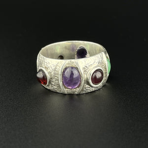 Vintage Silver Multi Gemstone Cabochon Boho Statement Ring, Size 8.5 - Boylerpf